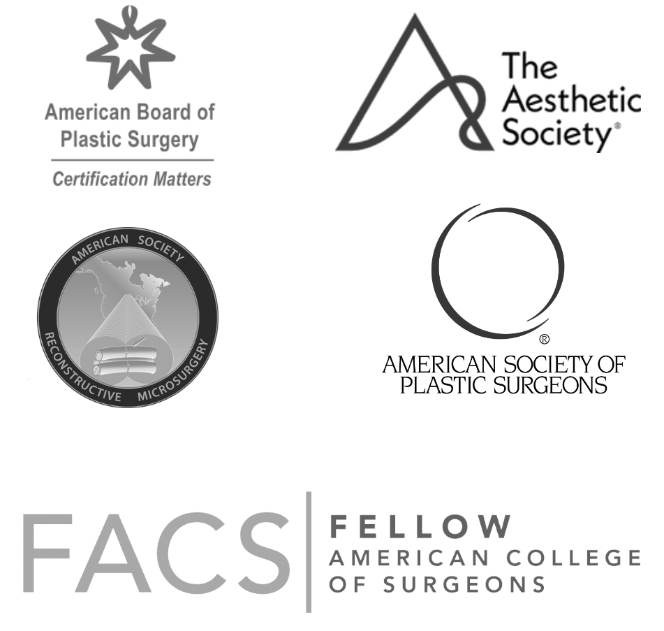 Dr. Samir S. Rao, MD credentials including logos for American Board of Plastic Surgery, The Aesthetic Society, American Society or Reconstructive Microsurgery, American Society of Plastic Surgeons, & American College of Surgeons Fellow